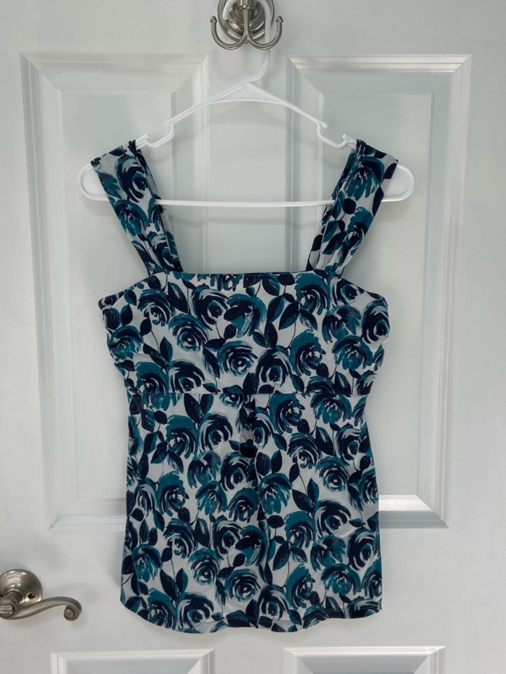Ann Taylor Floral Square-Neck Sleeveless Top in Teal & Navy